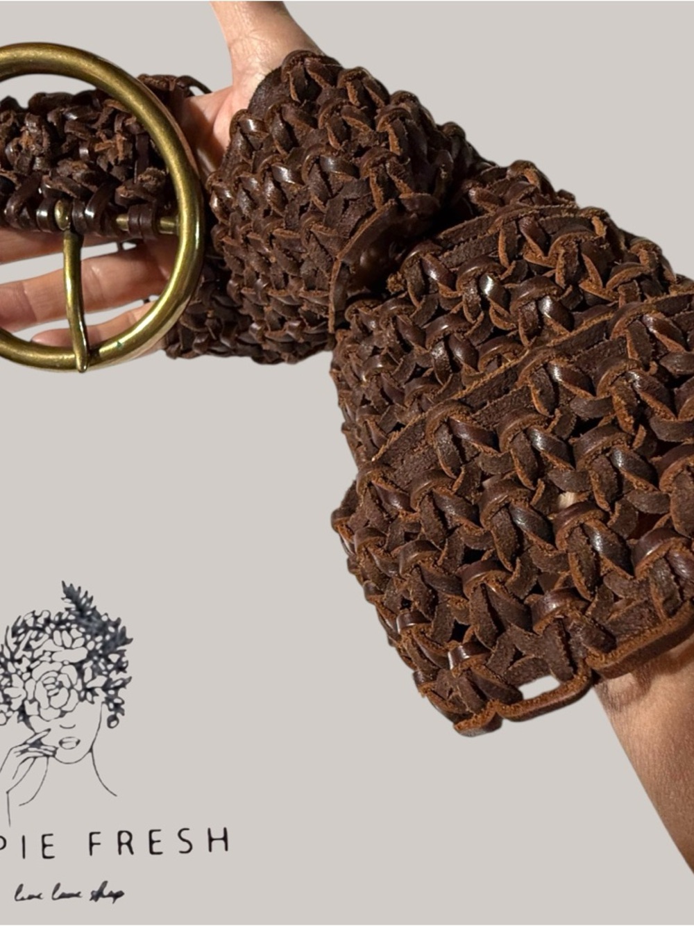 Vintage 90s Brown Braided Leather Belt with Brass Buckle L